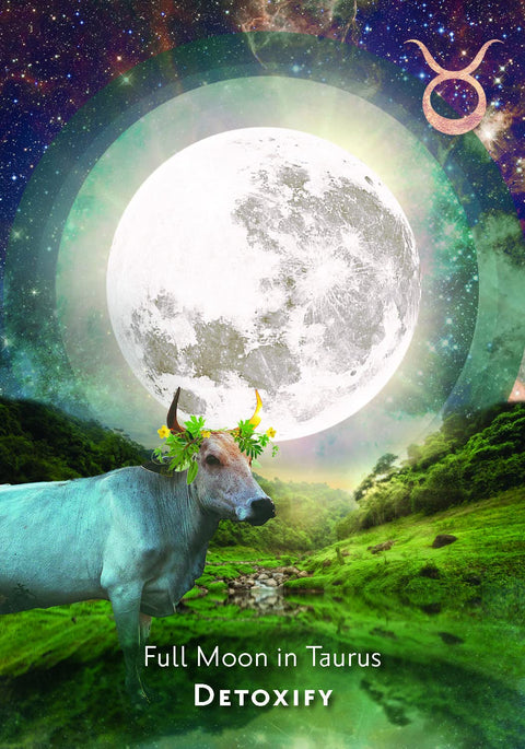 Astrologinė korta Full Moon in Taurus — žalia pusiausvyros iliustracija su dideliu pilnu mėnuliu, karve ir užrašu „Detoxify“