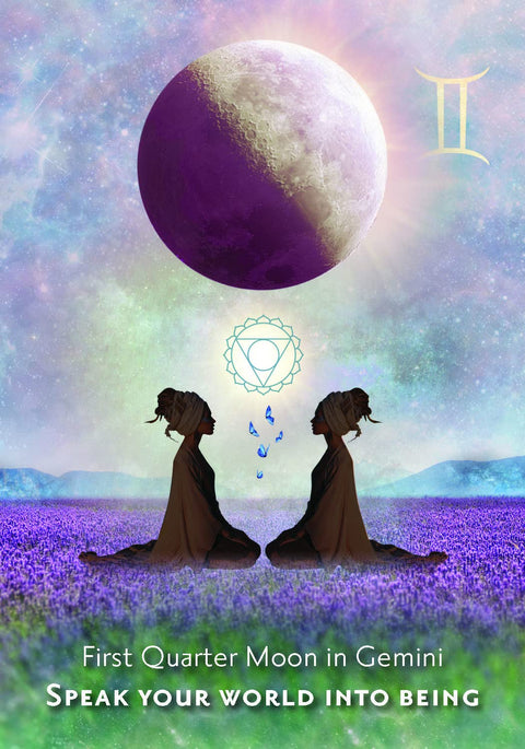 astrologinė korta Pirmasis ketvirtis Dvynių – violetiniame lauke sėdinčių dvynių siluetai po pusmėnuliu