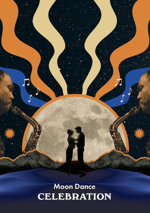 Plakatas Moon Dance Celebration su dideliu mėnuliu ir pora šokančių siluetų, retro spalvų juostomis ir saksofonų motyvais