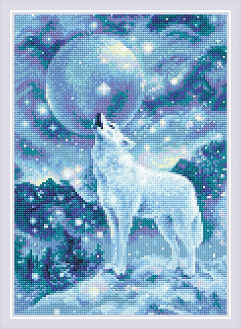 Deimantinė mozaika baltas kaukiantis vilkas nakties fone mėlyno‑violetinės spalvos, pilnas rinkinys 40×50 cm