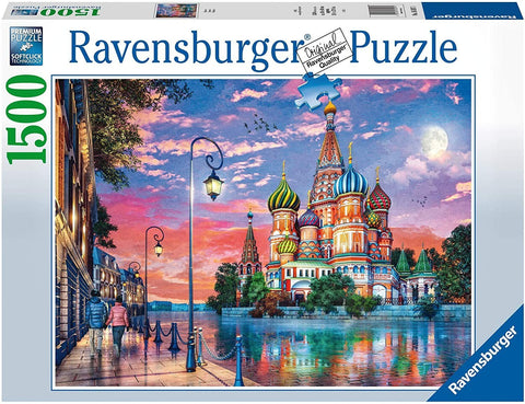 Dėlionė 1500 dalių Ravensburger, spalvingas Šv. Bazilijaus soboro peizažas prie vandens ant pakuotės