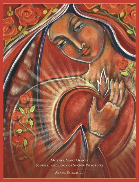 Knyga žurnalas Mother Mary Oracle su raudonu iliustruotu viršeliu, Marijos figūra apsikabinanti širdį ir rožių motyvas