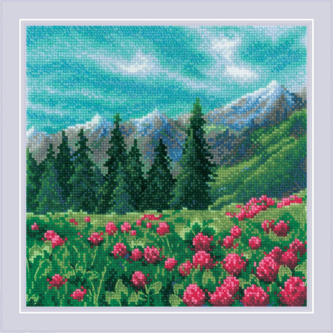 Kryželių rinkinys kalnų peizažui su žaliomis eglėmis ir ryškiai rožinėmis gėlėmis, 40×40 cm variantas
