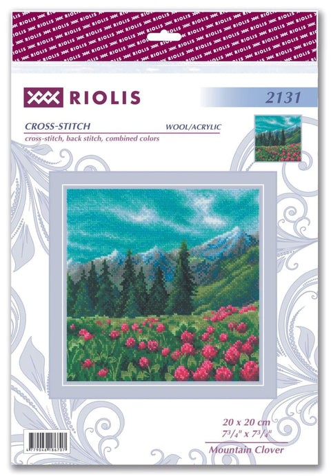 Kryželių rinkinys Riolis, vilna/akrilas, 20×20 cm, kalnų pieva su tamsiais spygliuočiais ir rožiniais dobilais