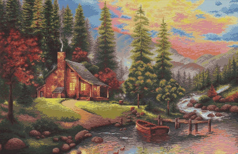 Drobė rudeniška trobelė prie upelio, horizontali 80×50 cm, šiltų raudonų ir žalių tonų, matoma kanvinė tekstūra