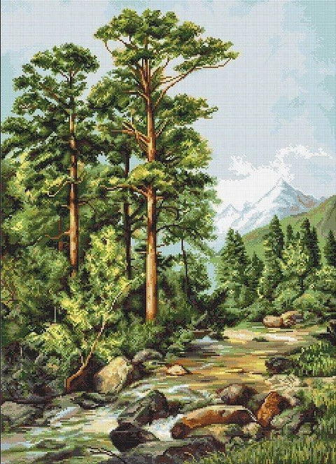 drobė kalnų upė su pušimis, žalios ir mėlynos tonacijos, 60×80 cm, detalus gamtos peizažas sienai