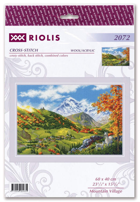 Kryželių rinkinys Riolis Mountain Village, 60×40 cm, rudeniškas kalnų kaimo motyvas su ožkomis, pakuotės priekinė dalis