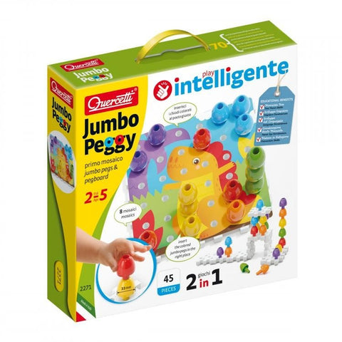 Mosaikinis žaidimų rinkinys Quercetti Jumbo Peggy, 45 dalių su dideliais spalvotais kaiščiais, skirtas 2+ vaikams, pakuotės priekinė pusė