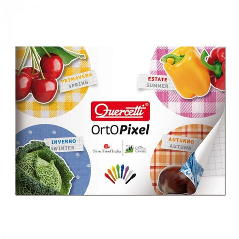 OrtoPixel Quercetti edukacinė dėlionė — pakuotės priekinė dalis su keturių sezonų daržovėmis, logotipu ir spalvotų pikselių rinkiniu