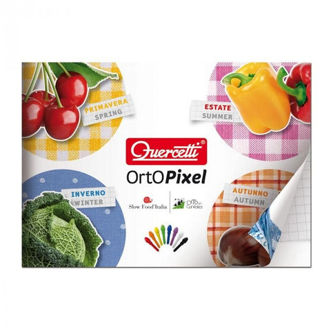 OrtoPixel sėklų rinkinys, Quercetti pakuotės priekinė dalis su keturiomis sezonų etiketėmis (pavasaris, vasara, ruduo, žiema) ir spalvotais pikselių žymekliais