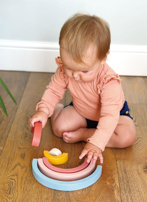 Mentari medinė pastelinė vaivorykštė, 6 dalys – Montessori balansinis žaislas 18+ mėn.