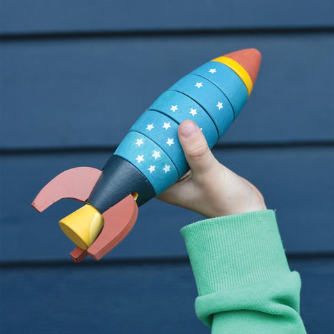 Mentari medinė skaičiavimo raketa – 5 dalių mokomasis žaislas iš kaučiukmedžio, vaikams 3+