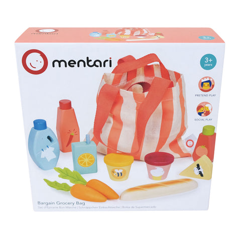 MENTARI medinis pirkinių krepšys su maisto produktais – vaidmenų žaidimų rinkinys 3+