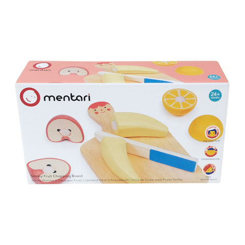 Mentari medinis vaisių pjaustymo rinkinys – lentelė, peiliukas ir 3 Velcro vaisiai, 24+ mėn.