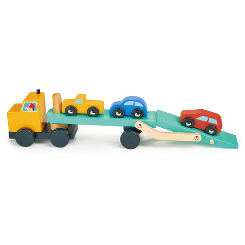Mentari medinis autovežis su 3 automobiliais – pakeliama rampa, kaučiukmedis, 25×7×13 cm, 3+