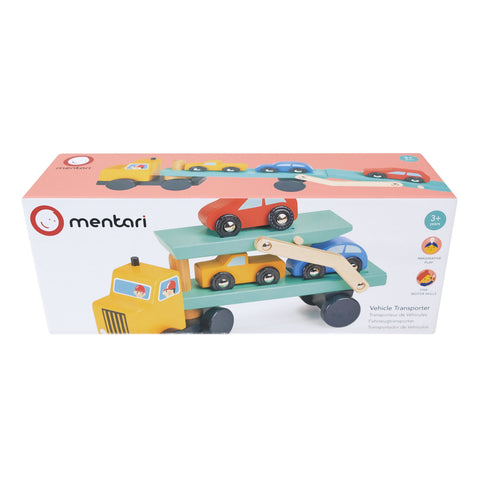 Mentari medinis autovežis su 3 automobiliais – pakeliama rampa, kaučiukmedis, 25×7×13 cm, 3+