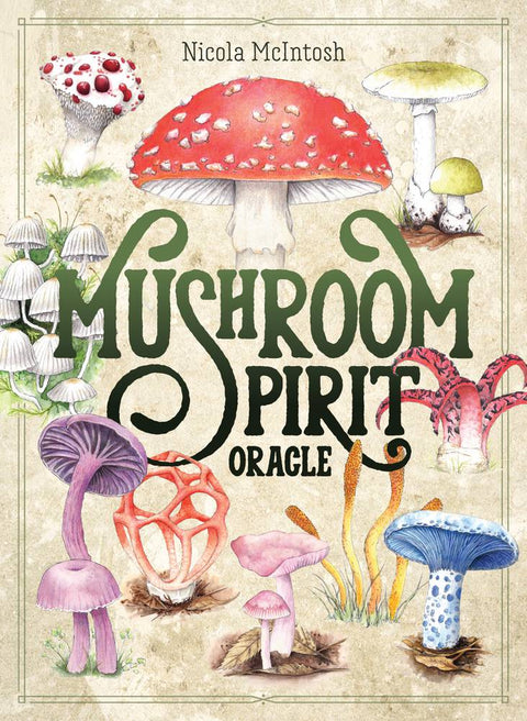 Mushroom Spirit orakulo kortos, Nicola McIntosh viršelis su akvarelinėmis įvairiaspalvėmis grybų iliustracijomis, pagrindinis viršelio variantas