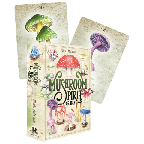 Mushroom Spirit orakulas Nicola McIntosh – iliustruotų grybų dėžutė su dviem pavyzdinėmis kortomis, pastelinės spalvos
