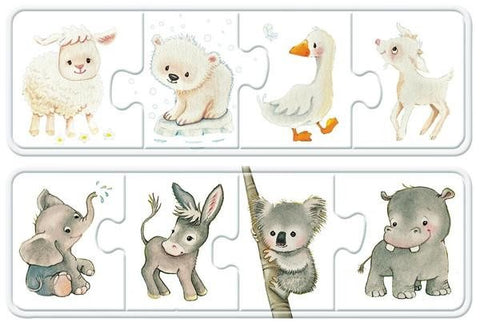 medinė dėlionė vaikams su 8 pastelinėmis gyvūnų dalimis (avytė, lokys, antis, ožkaitė, dramblys, asilas, koala, begemotas) surinkta dviejų eilių rėmuose