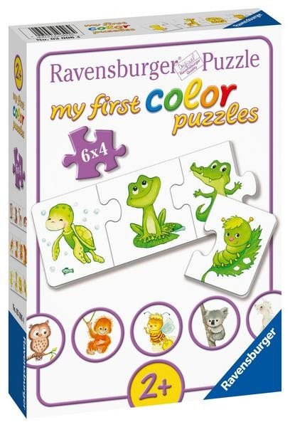 Ravensburger dėlionė vaikams (6x4) su ryškiomis varliukės, vėžlio ir kitų kūdikių gyvūnų kortelėmis, skirta 2+ metų