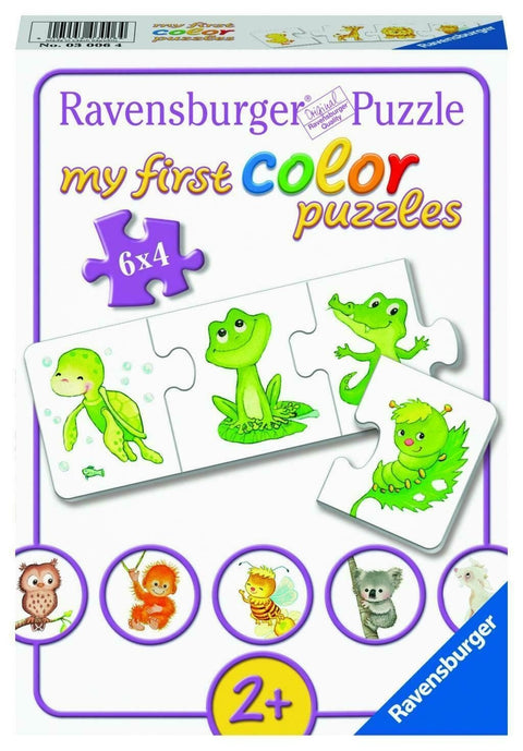 Dėlionė Ravensburger My First Color 6x4, vaikams nuo 2 metų, pakuotės priekinė dalis su ryškiai žaliais gyvūnėlių elementais