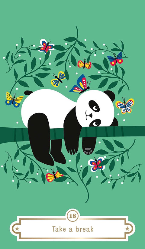 Plakatas, vertikalus vaikų dizainas su baltai juoda panda ant bambuko, spalvotais drugeliais, žaliu fonu ir užrašu Take a break
