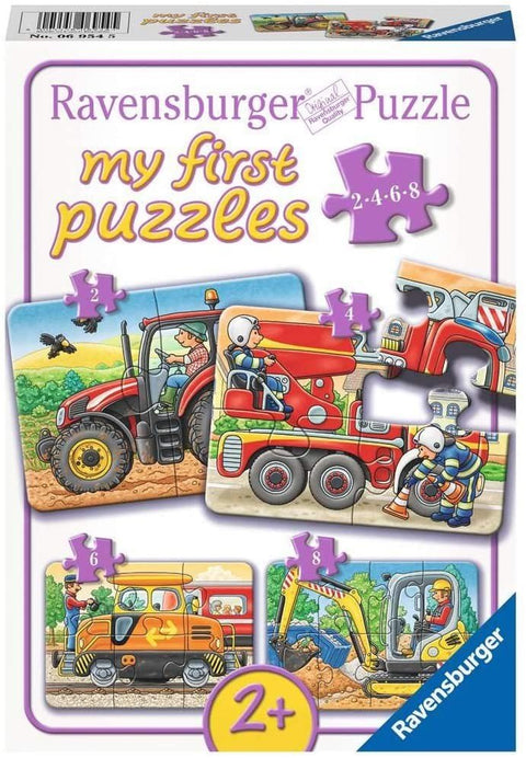 Ravensburger dėlionė My First Puzzles rinkinyje keturios spalvingos transporto priemonių dėlionės vaikams nuo 2 m