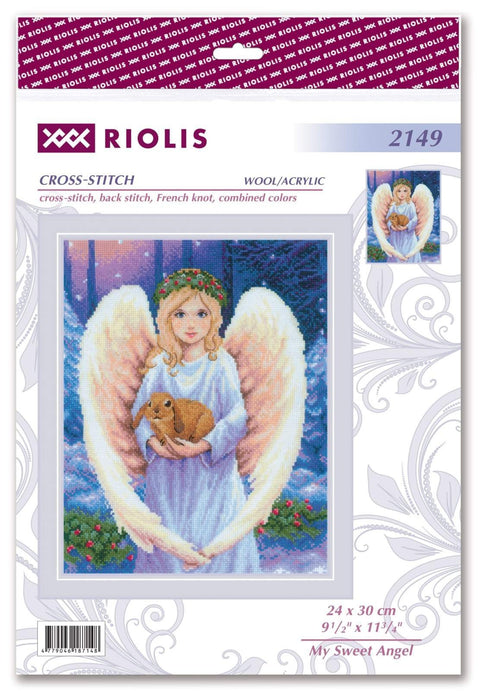 Kryželių siuvinėjimo rinkinys Riolis, angelė su zuikučiu dizainas 24×30 cm pakuotėje, paruošta siuvimui