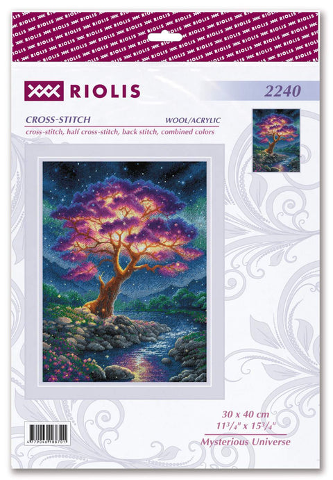 siuvinėjimo rinkinys Riolis Mysterious Universe 30x40 cm su ryškiai violetiniu ir auksiniu medžio motyvu ant pakuotės