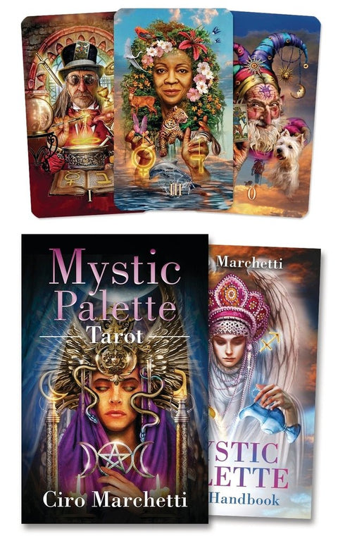 Mystic Palette tarot kortos Ciro Marchetti, spalvingas 78 kortų komplektas su iliustruotu vadovu ir ryškiomis mistinėmis iliustracijomis