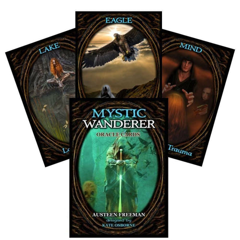 Orakulo kortų rinkinys Mystic Wanderer, Austeen Freeman viršelis su žaliu kardu ir fanuotos kelios kortos (erelis, ežeras, protas)