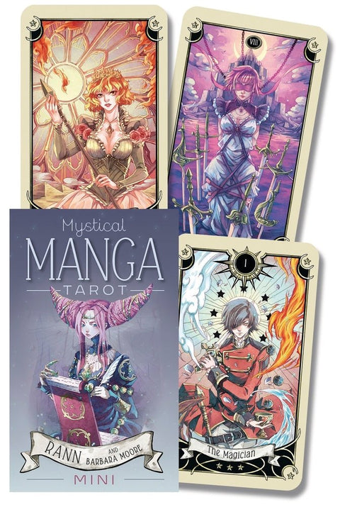 Manga tarot kortos (mini), spalvingas rinkinys su viršeliu ir trimis atvertais kortomis, anime stiliaus iliustracijomis