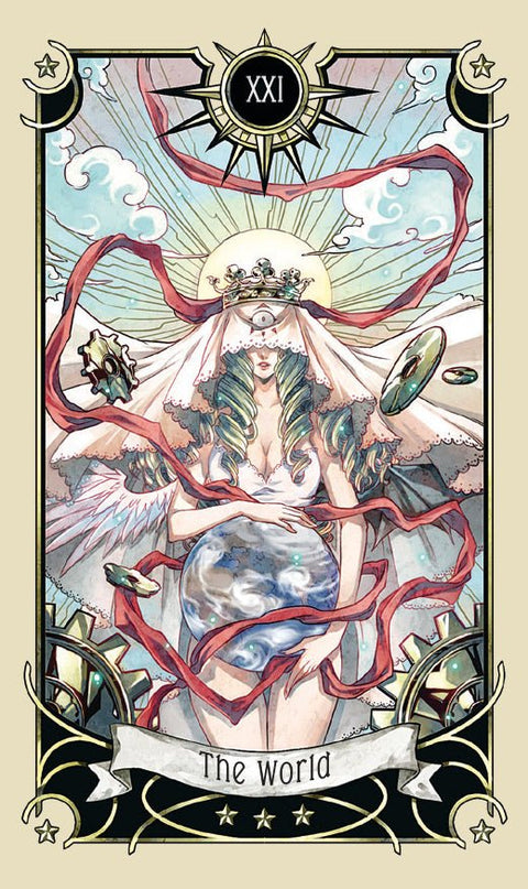 tarot korta The World, pastelinė iliustracija su aukso rėmu, moterimi uždengtomis akimis, rankose laikanti planeta