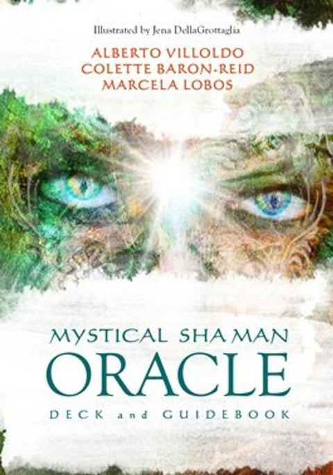 Mystical Shaman Oracle kortų rinkinys su vadovu; viršelis parodytas iš priekio su žaliomis iliustracinėmis akimis ir švytinčia šviesa centre