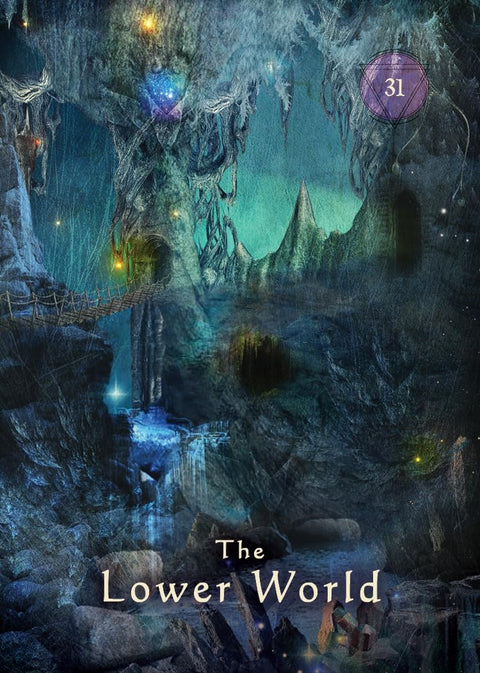 knyga The Lower World mėlynos tonacijos fantazijos viršelis su požemio uolų peizažu, švytinčiais akcentais ir numeriu 31
