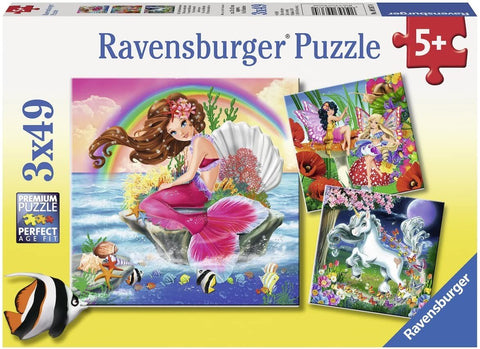 Dėlionė Ravensburger 3x49 dalių — ryškus rožinės undinėlės, vienaragio ir fėjų paveikslėlių komplektas, dėžutės priekis