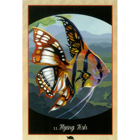 Plakatas Flying Fish: vertikalus meninis atspausdinimas su spalvinga žuvies–drugelio kompozicija, 50×70 cm, skirtas sienos akcentui