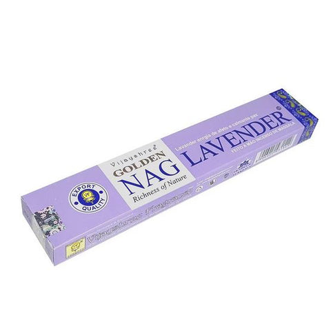 Smilkalai Golden Nag Lavender, levandų kvapo violetinėje dėžutėje, pateikti iš trijų ketvirčių kampo, matomas pakuotės dizainas
