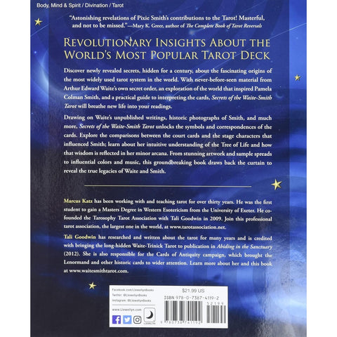 Knyga "Secrets of the Waite‑Smith Tarot" mėlynas nugarėlės vaizdas su aprašymu, autorių biografijomis ir ISBN barkodu