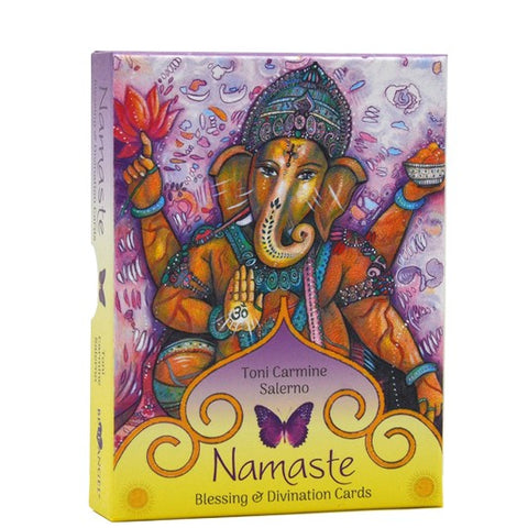 Namaste kortelių rinkinys Toni Carmine Salerno — spalvingas Ganesha dėžutės priekis, palaiminimų ir aiškinimo kortos