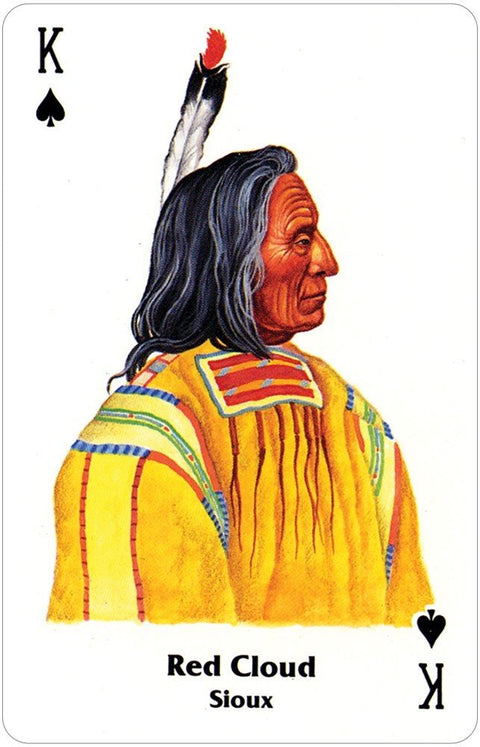 korta Karalius pikų „Red Cloud“ (Sioux) profilio portretas, geltonas tradicinis drabužis ir plunksna viršuje