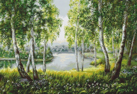 Paveikslas beržynas prie ežero, rankų darbo aliejinė drobė 60×40 cm, žalių ir geltonų tonų, mediniu rėmu dekoruoti