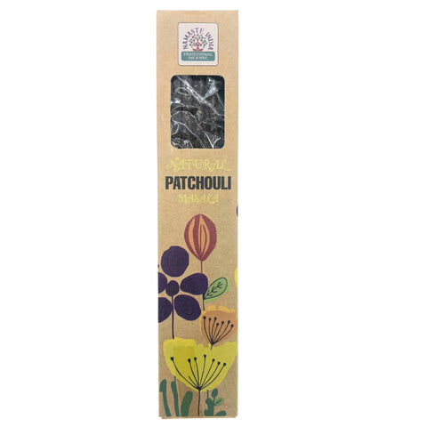Patchouli smilkalai Namaste India, ilga kraft popierinė pakuotė su permatomu langeliu ir gėlių raštu, matomi lazdelės viduje
