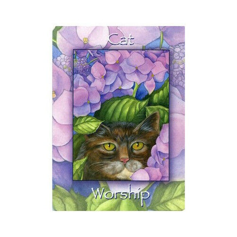 Kortelė Cat Worship su rudai juoda katės portretu ir geltonomis akimis tarp violetinių hortenzijų, rėminis portretas