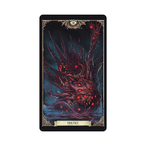 tarot korta Violence tamsiai raudona iliustracija su daugybe švytinčių raudonų akių ir aštrių dantų, vertikalus variantas