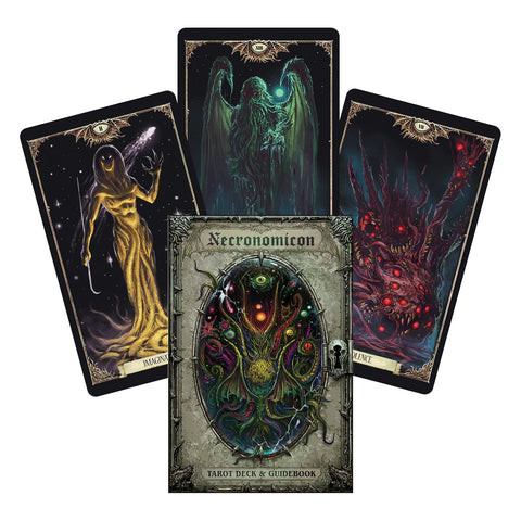 Necronomicon tarot kortos su iliustruotu dėklu ir trimis didžiųjų arkanų pavyzdžių kortomis tamsaus siaubo stiliaus