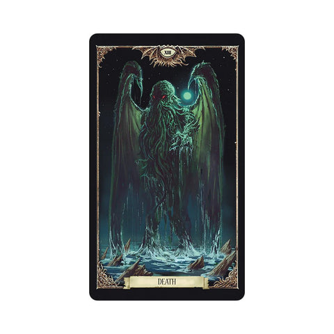 tarot korta Mirties, tamsiai žali Cthulhu motyvai su sparnais ir mėnesiu, priekis skirtas dekoro arba pirkimo pasirinkimui