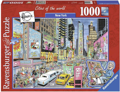 dėlionė Ravensburger 1000 dalių New York, dėžutės priekinė pusė su spalvinga Times Square iliustracija