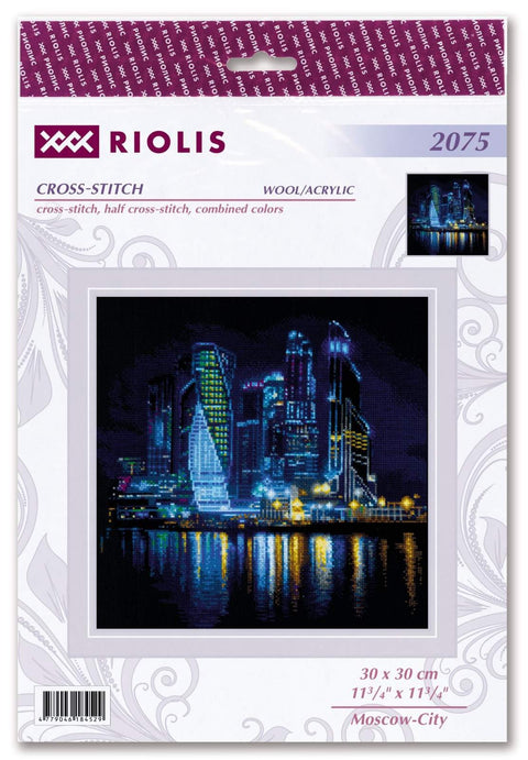 Kryželių rinkinys Riolis 30x30 cm – naktinės Maskvos dangoraižių panorama su žėrinčiomis vandens atspindžiais