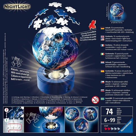 3D dėlionė-naktinė lempa Ravensburger, mėlyna LED bazė, 72 dalys, plojimu aktyvuojama šviesa, pakuotės instrukcijos matomos